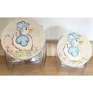 2 Country Duck General Store Style Glass Candy Jar Wood Lid Slanted Canister VTG
